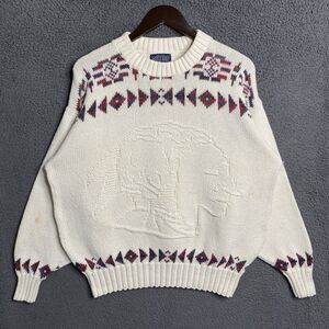 Vintage Knit Sweater Men Large Lands' End Native American Buffalo Aztec USA Made
